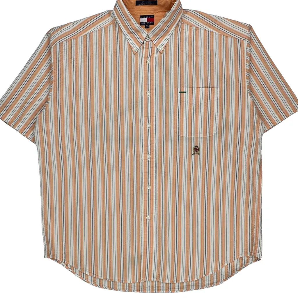 Tommy Hilfiger Striped Short Sleeve Shirt - XL Orange Cotton - Image 5