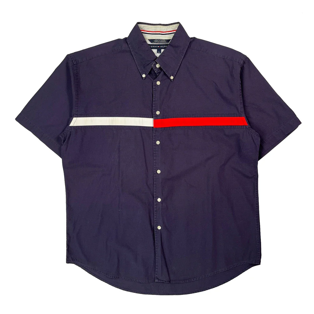Tommy Hilfiger Striped Short Sleeve Shirt - Large Purple Cotton
