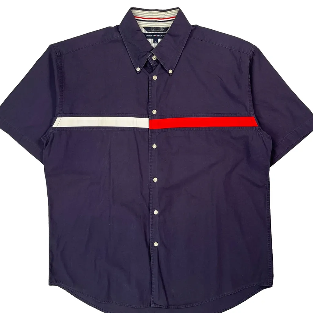 Tommy Hilfiger Striped Short Sleeve Shirt - Large Purple Cotton - Image 4