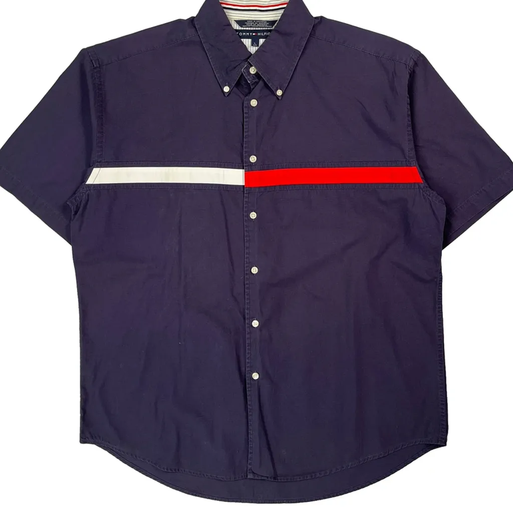 Tommy Hilfiger Striped Short Sleeve Shirt - Large Purple Cotton - Image 5