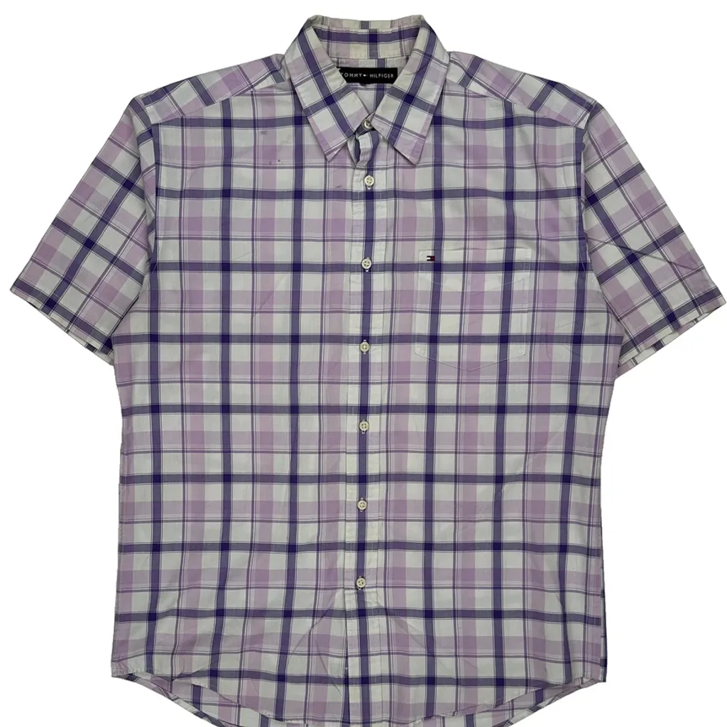 Tommy Hilfiger Checked Short Sleeve Shirt - Large Purple Cotton - Image 6