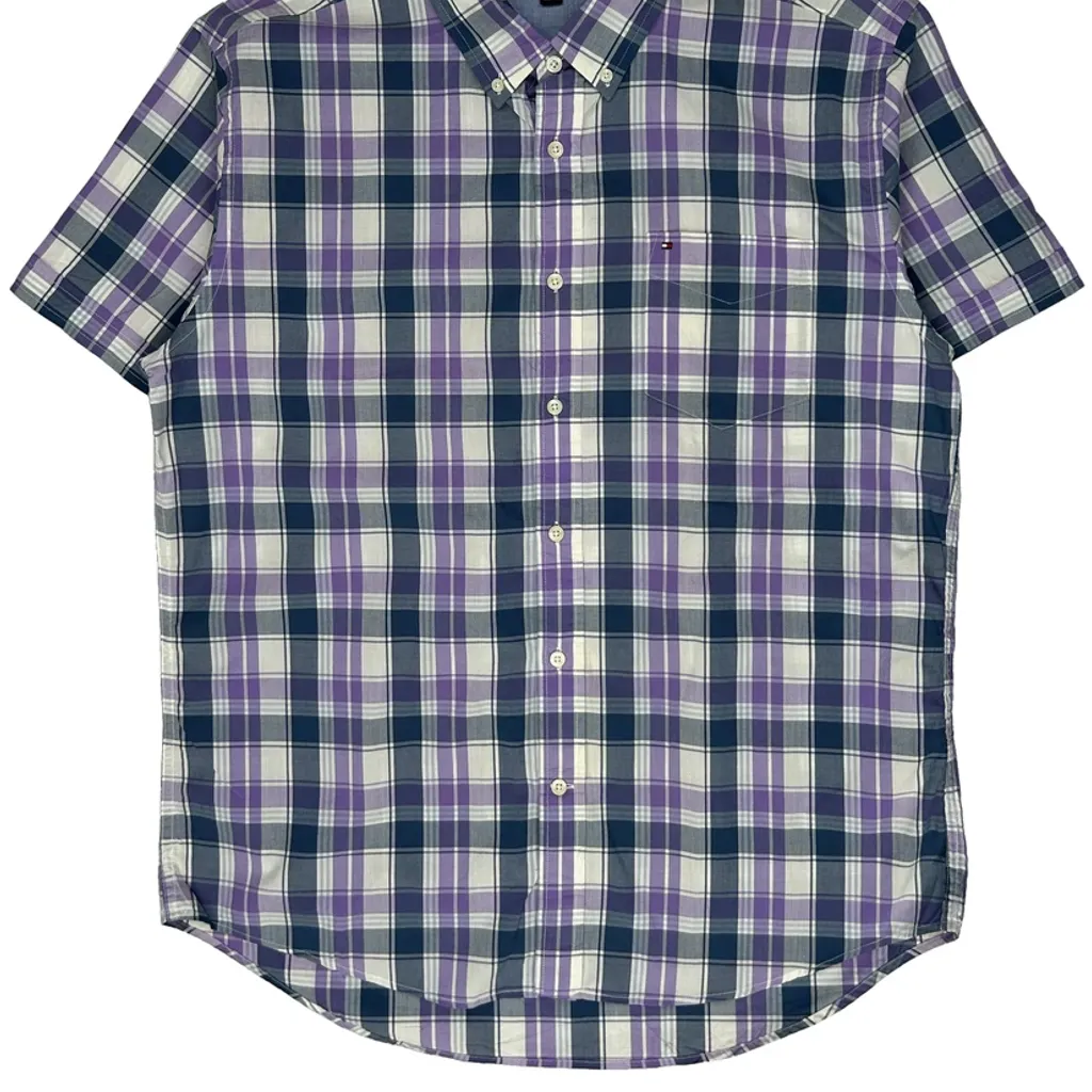 Tommy Hilfiger Checked Short Sleeve Shirt - XL Purple Cotton - Image 4