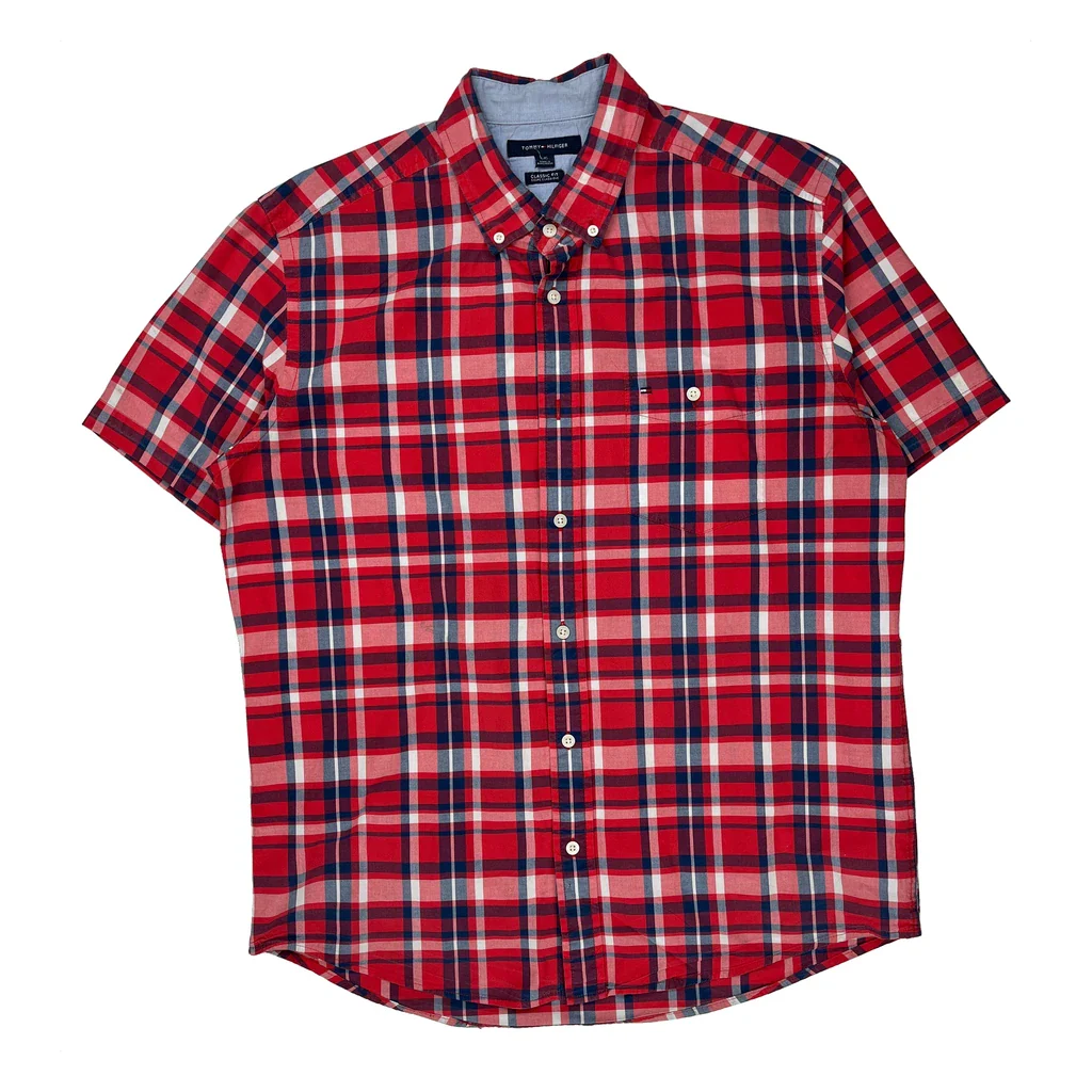 Tommy Hilfiger Checked Short Sleeve Shirt - Large Red Cotton