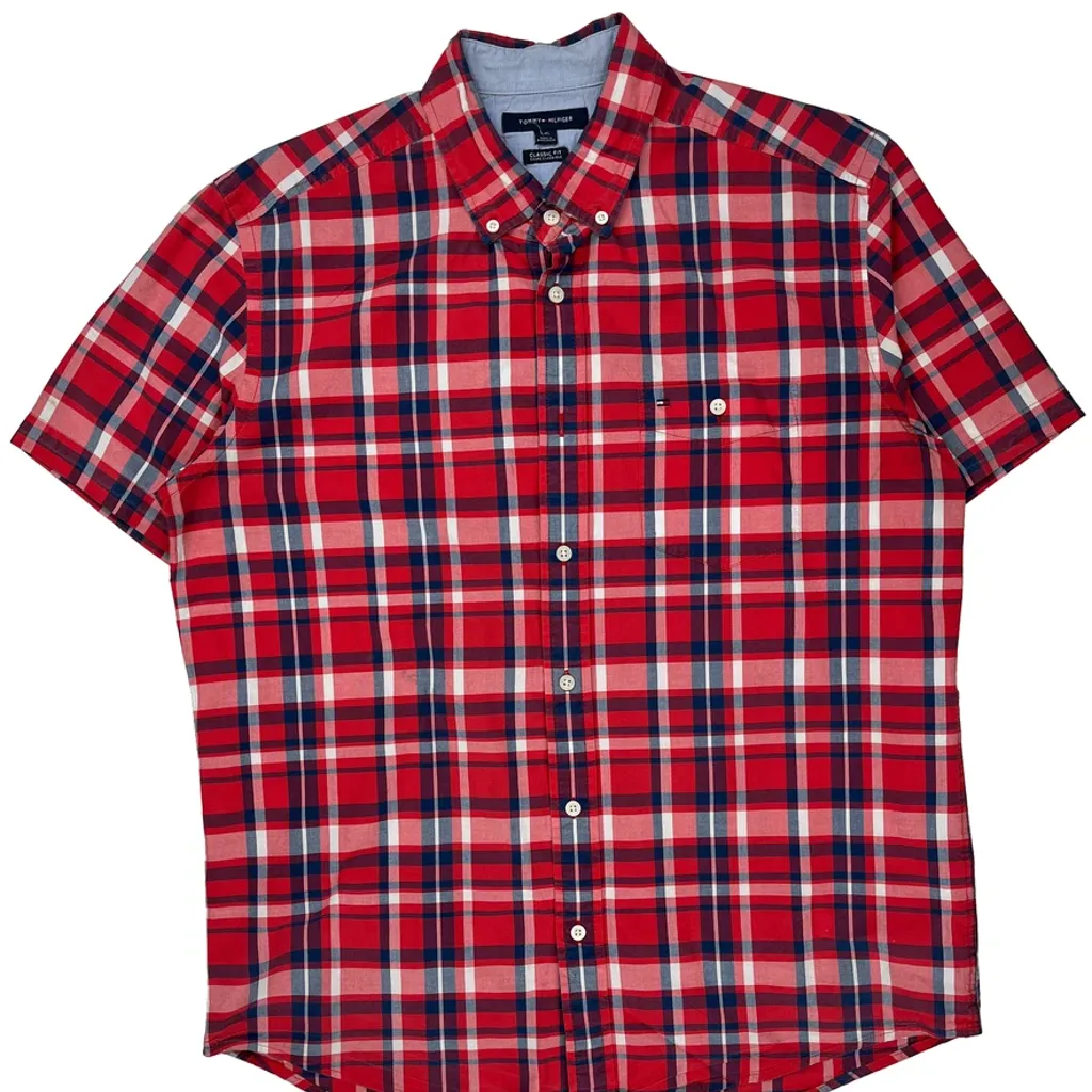 Tommy Hilfiger Checked Short Sleeve Shirt - Large Red Cotton - Image 5