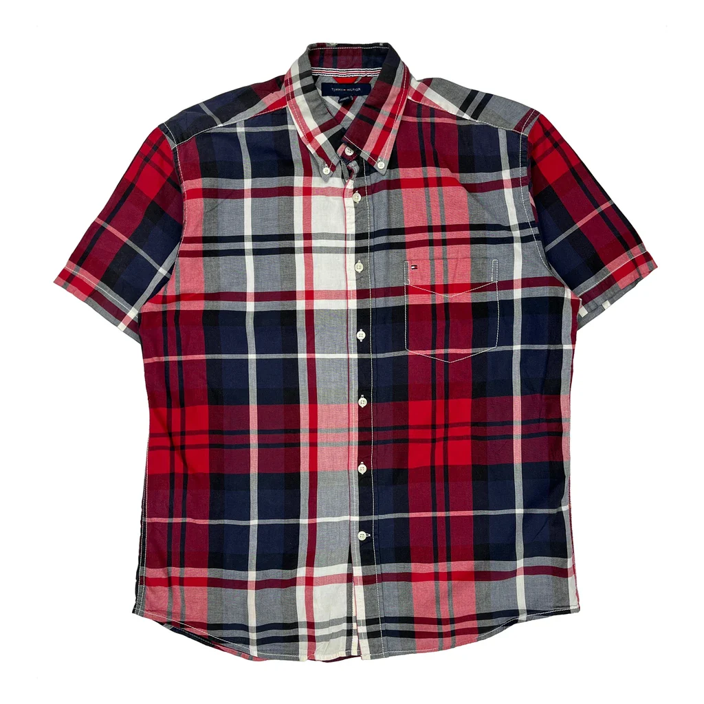 Tommy Hilfiger Checked Short Sleeve Shirt - Large Red Cotton