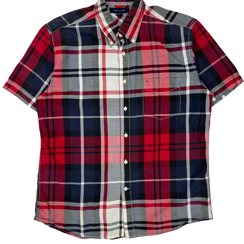 Tommy Hilfiger Checked Short Sleeve Shirt - Large Red Cotton - Image 4