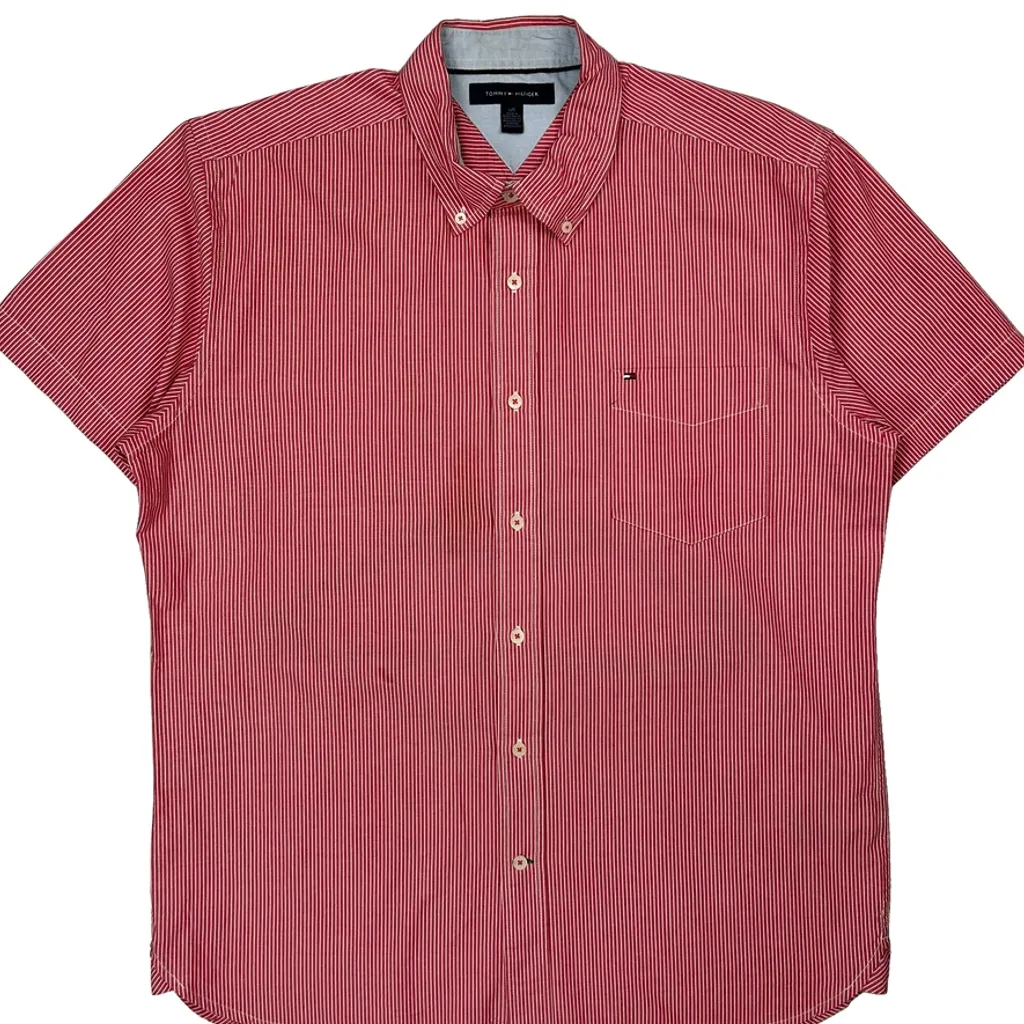Tommy Hilfiger Striped Short Sleeve Shirt - Large Red Cotton - Image 4