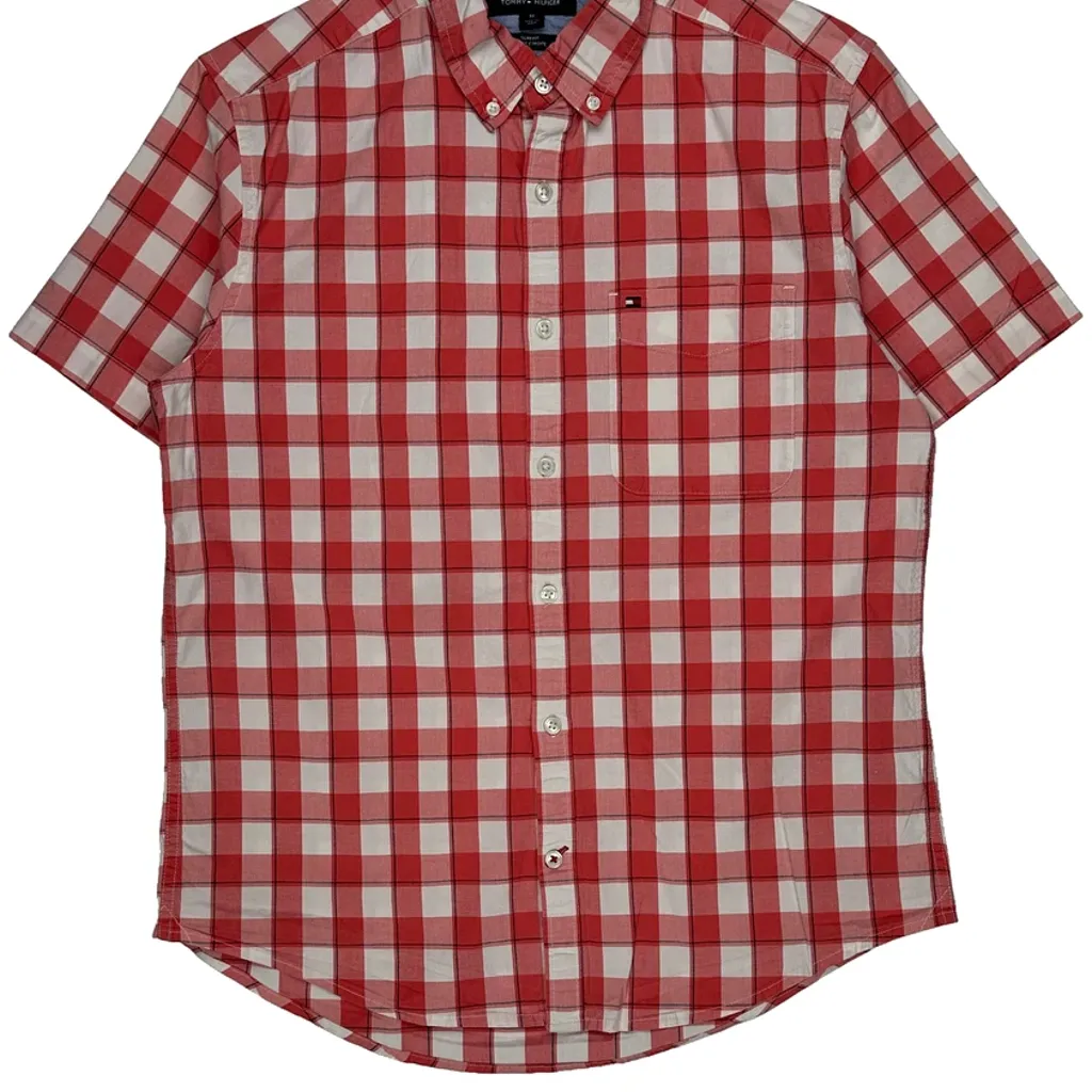 Tommy Hilfiger Checked Short Sleeve Shirt - Medium Red Cotton - Image 4