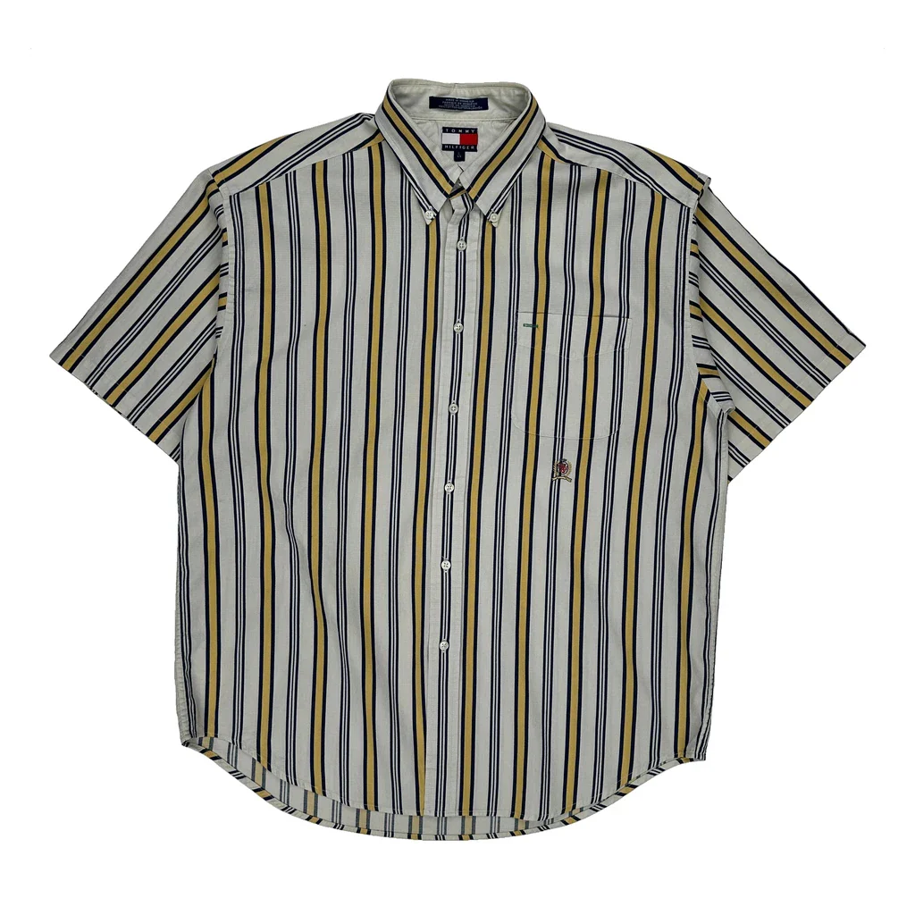 Tommy Hilfiger Striped Short Sleeve Shirt - Large White Cotton