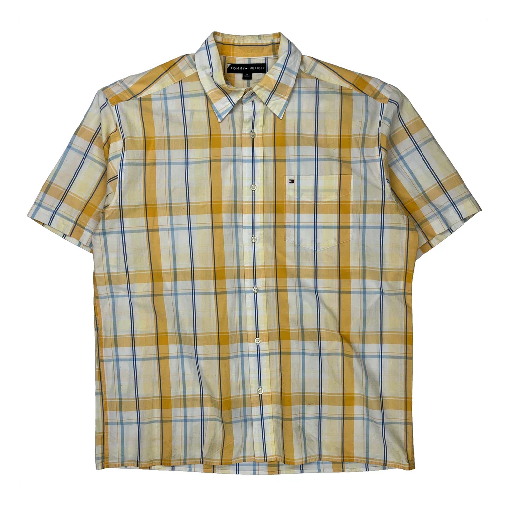 Tommy Hilfiger Checked Short Sleeve Shirt - Medium Yellow Cotton