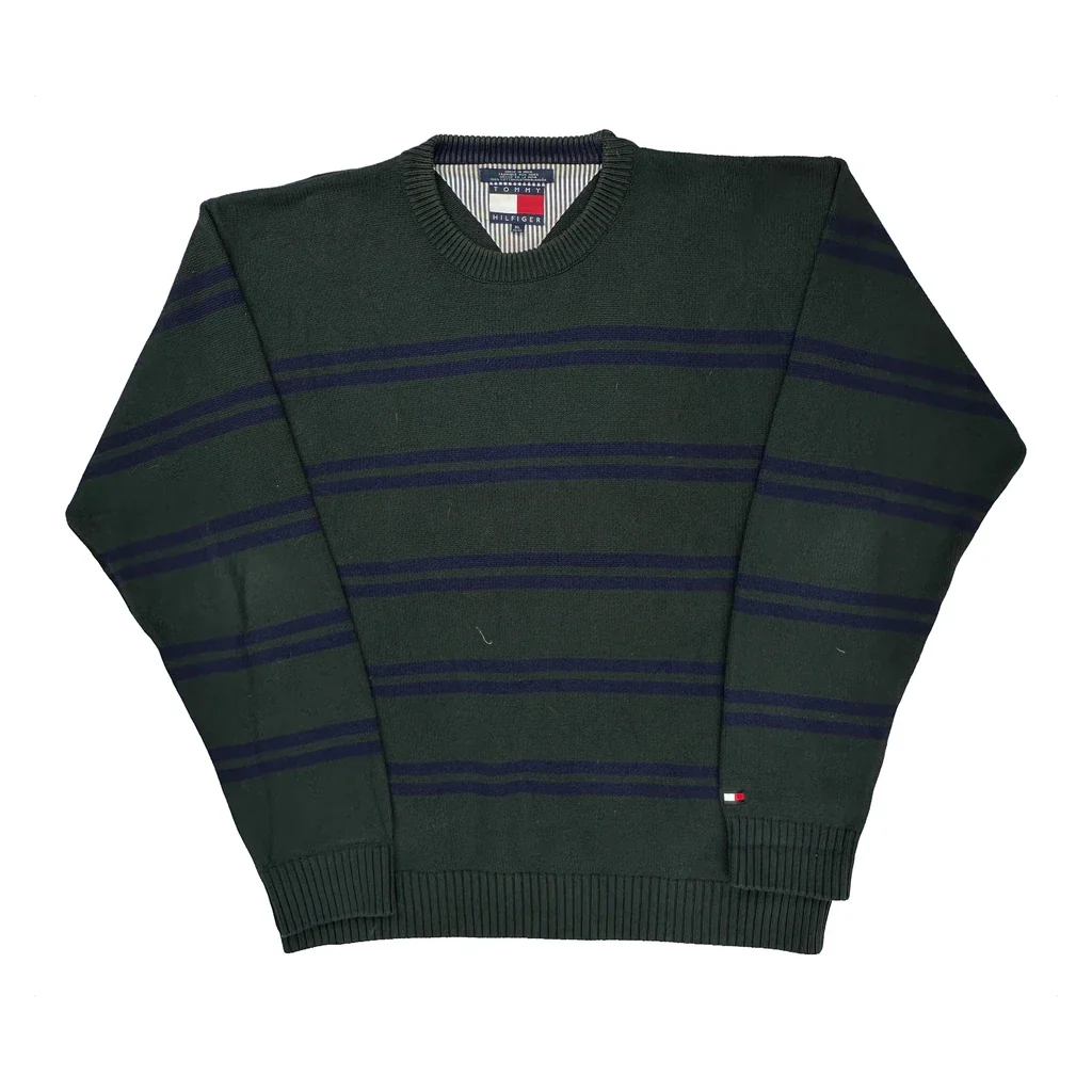 Tommy Hilfiger Striped Sweater - XL Green Cotton