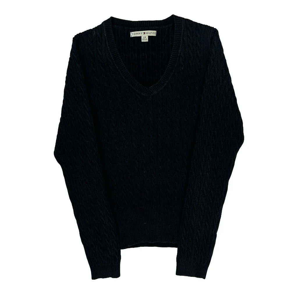 Tommy Hilfiger Cable Knit Sweater - Large Black Cotton