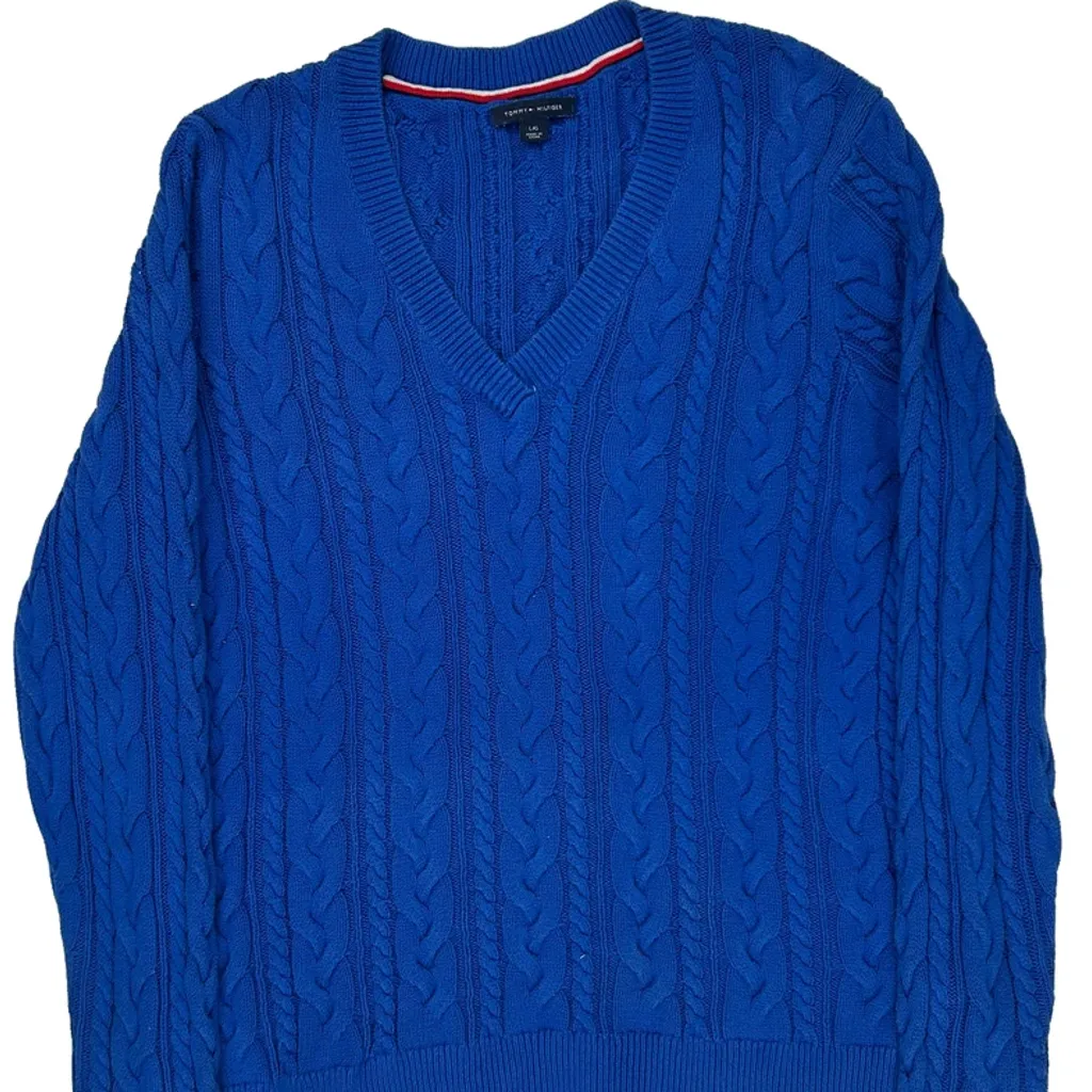Tommy Hilfiger V-Neck Sweater - Large Blue Cotton - Image 5