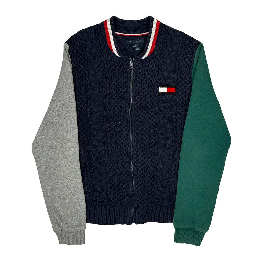 Tommy Hilfiger Contrast Stitch Zip Up - Large Navy Cotton Blend