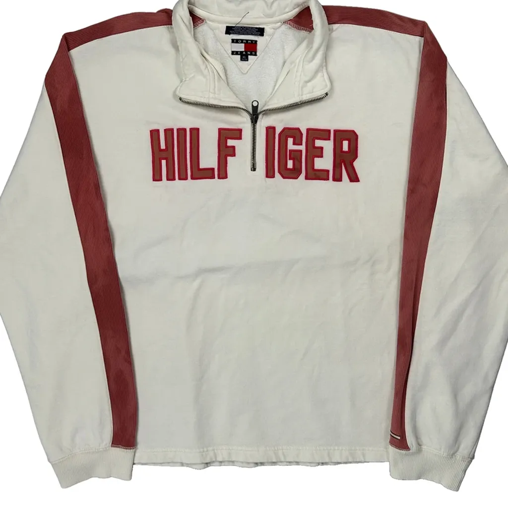 Tommy Jeans Spellout 1/4 Zip - XL White Cotton - Image 4