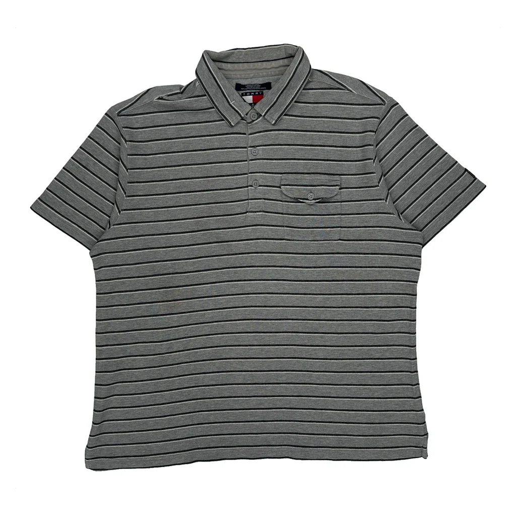 Tommy Jeans Striped Polo Shirt - Large Grey Cotton