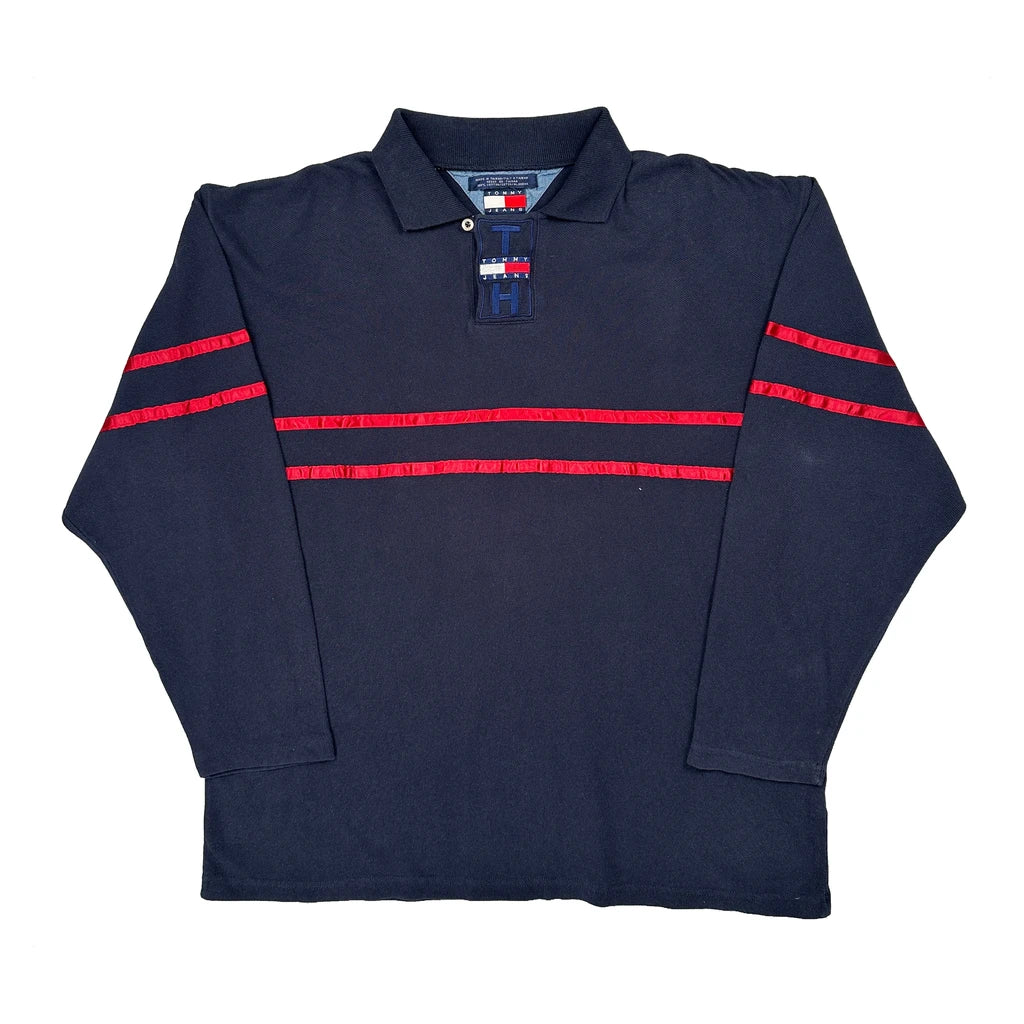 Tommy Jeans Striped Rugby Shirt - Large Navy Cotton
