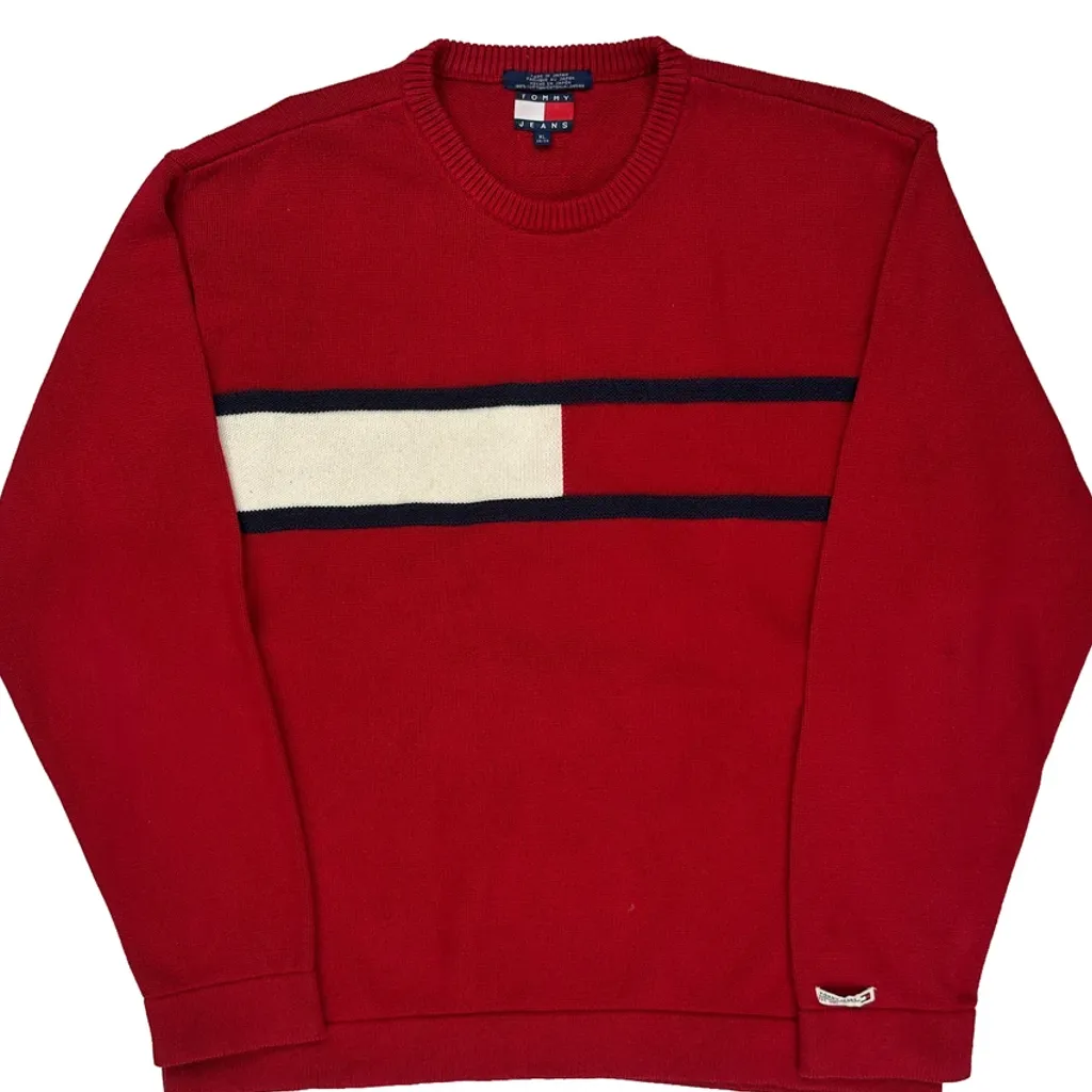 Tommy Jeans Striped Sweater - XL Red Cotton - Image 4