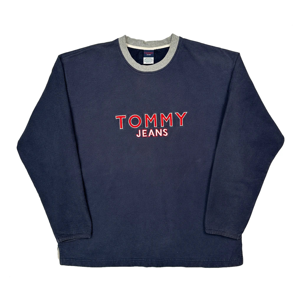 90s Tommy Jeans Spellout Sweatshirt - Large Navy Cotton Blend