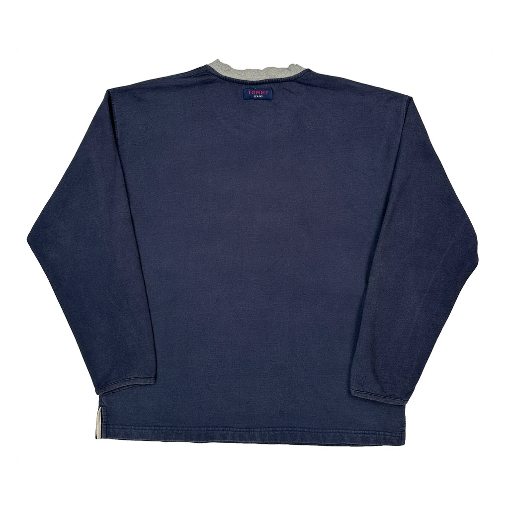 90s Tommy Jeans Spellout Sweatshirt - Large Navy Cotton Blend - Image 2