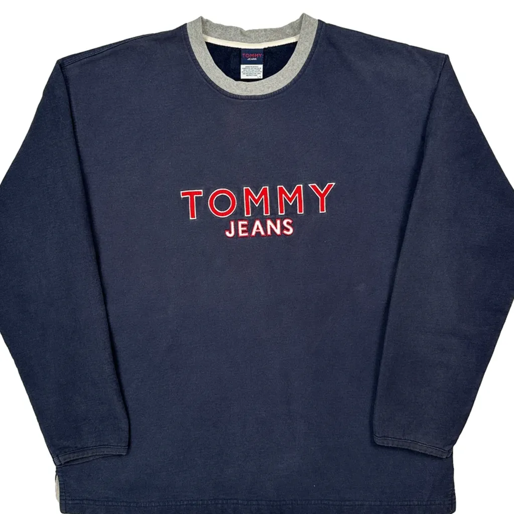 90s Tommy Jeans Spellout Sweatshirt - Large Navy Cotton Blend - Image 4