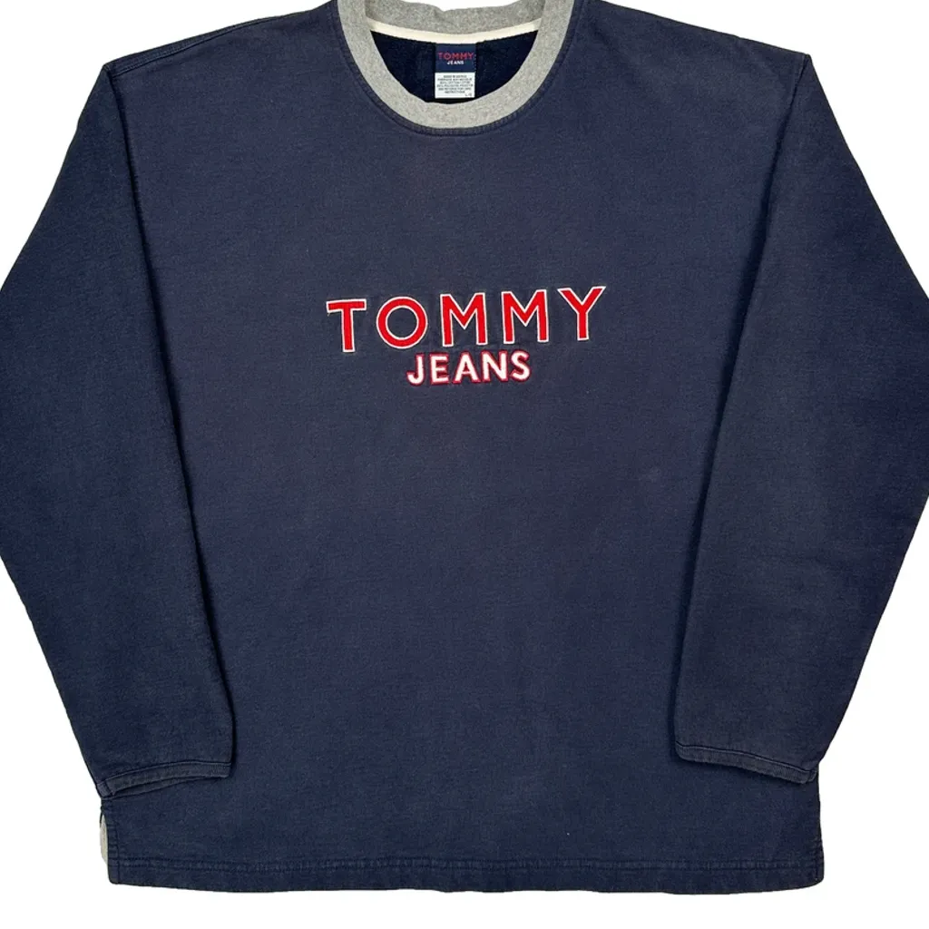 90s Tommy Jeans Spellout Sweatshirt - Large Navy Cotton Blend - Image 5