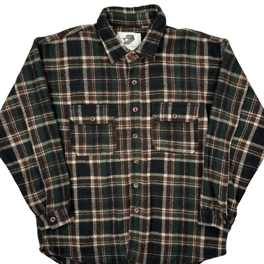 Triple Seven Checked Flannel Shirt - Large Green Cotton - Image 5