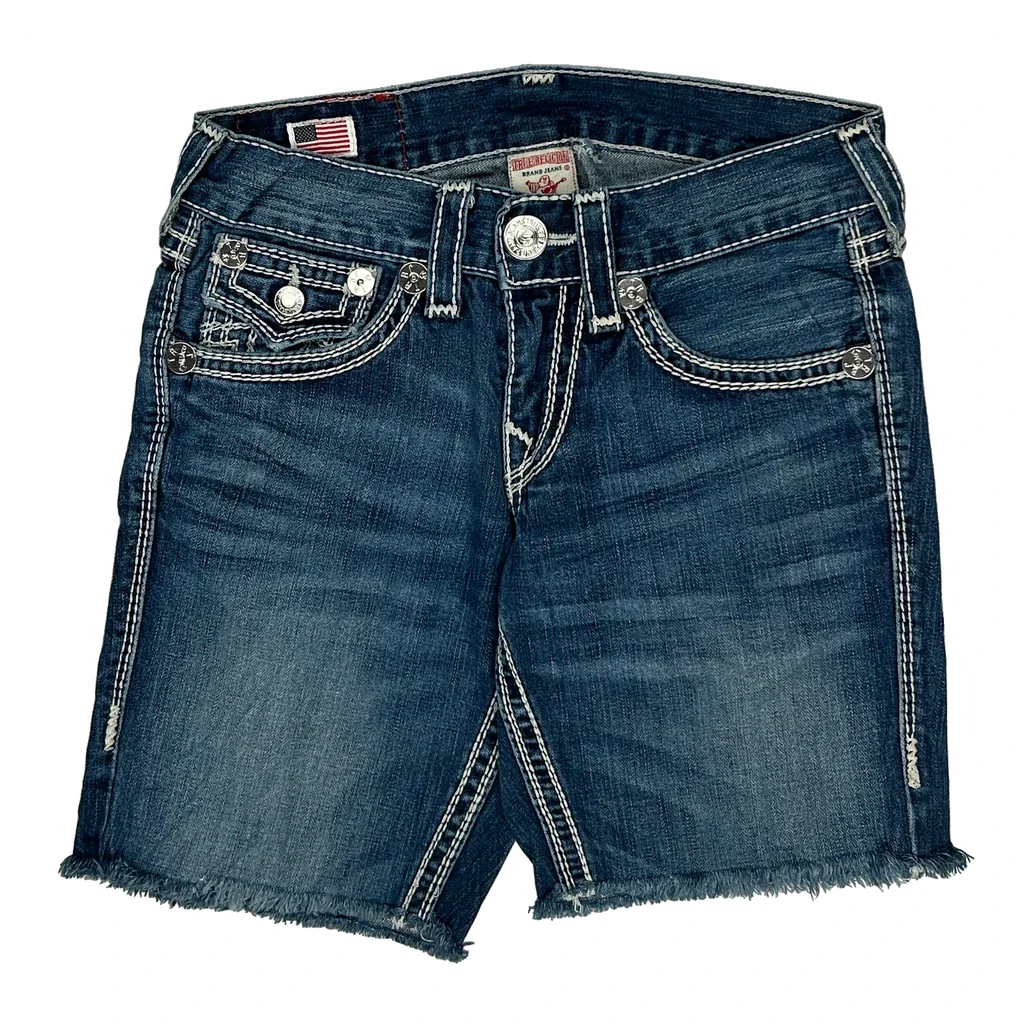 True Religion Contrast Stitch Denim Shorts - 30W UK 10 Blue Cotton - Image 2