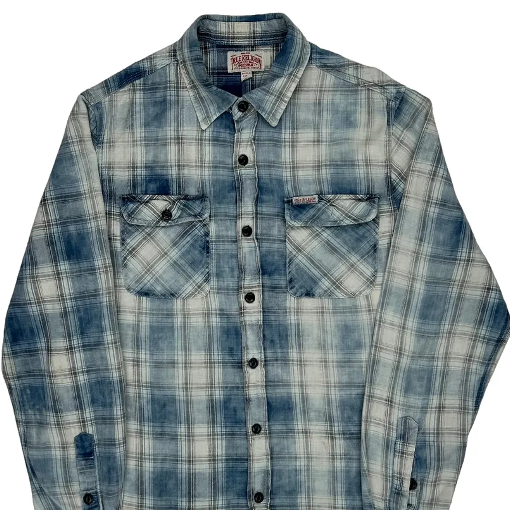 True Religion Checked Flannel Shirt - Large Blue Cotton - Image 4