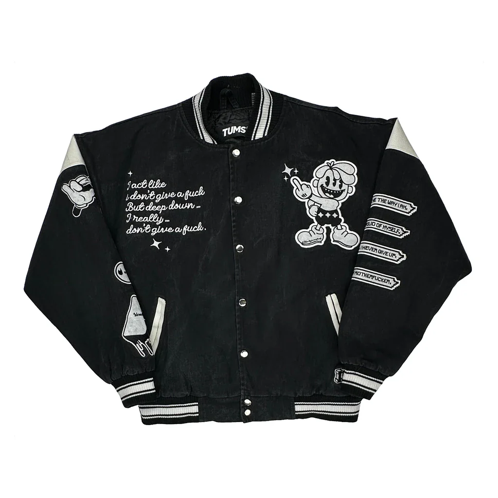 Tum Machines Tums Graphic Varsity Jacket - Large Black Polyester