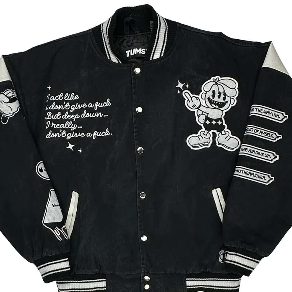 Tum Machines Tums Graphic Varsity Jacket - Large Black Polyester - Image 4