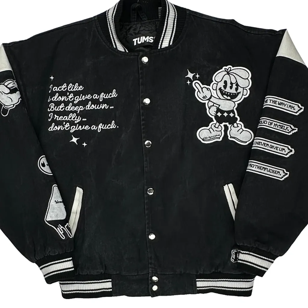 Tum Machines Tums Graphic Varsity Jacket - Large Black Polyester - Image 5