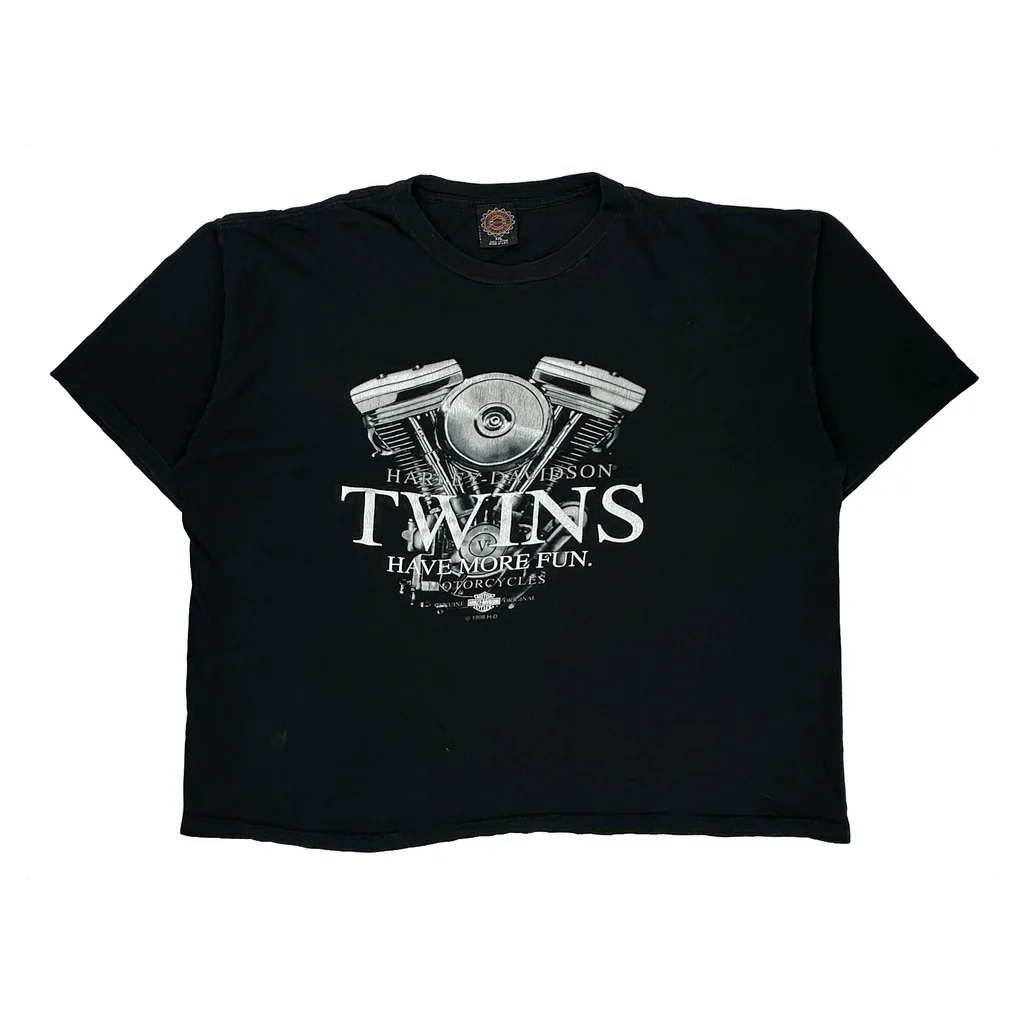 Twins Have More Fun Harley Davidson Graphic T-Shirt - 2XL Black Cotton