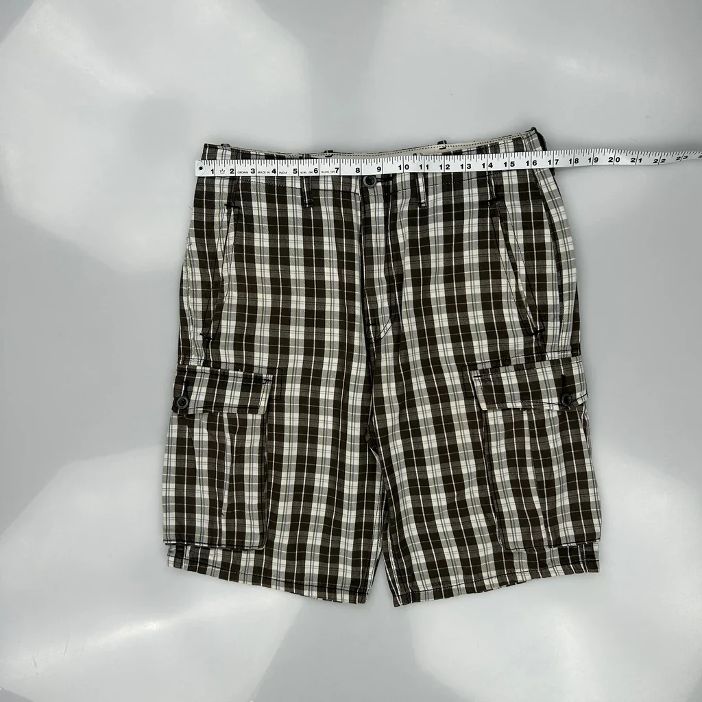 Unbranded Checked Cargo Shorts - 32W 11L Brown Cotton - Image 3