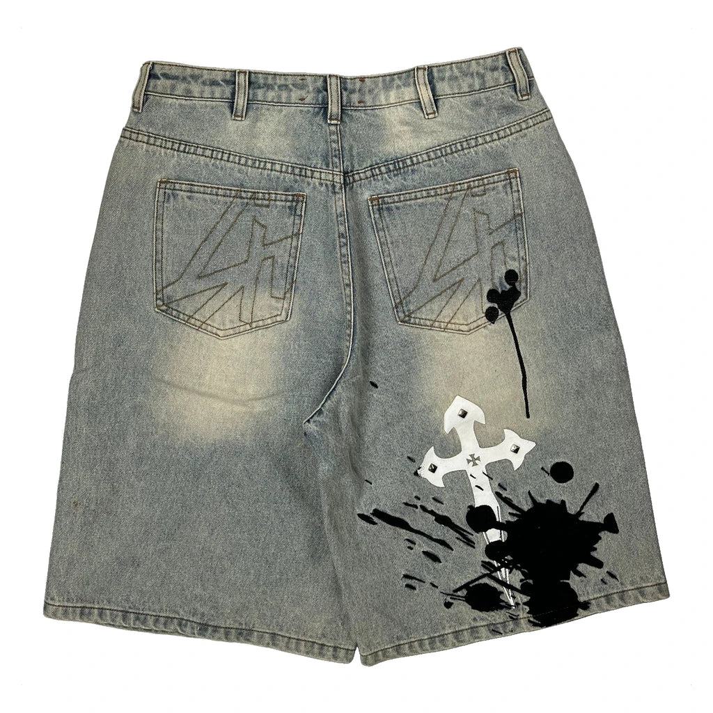 Unbranded Studded Baggy Denim Shorts - 32W 11L Light Wash Denim