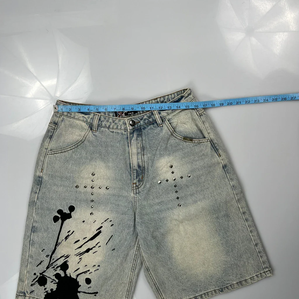 Unbranded Studded Baggy Denim Shorts - 32W 11L Light Wash Denim - Image 3