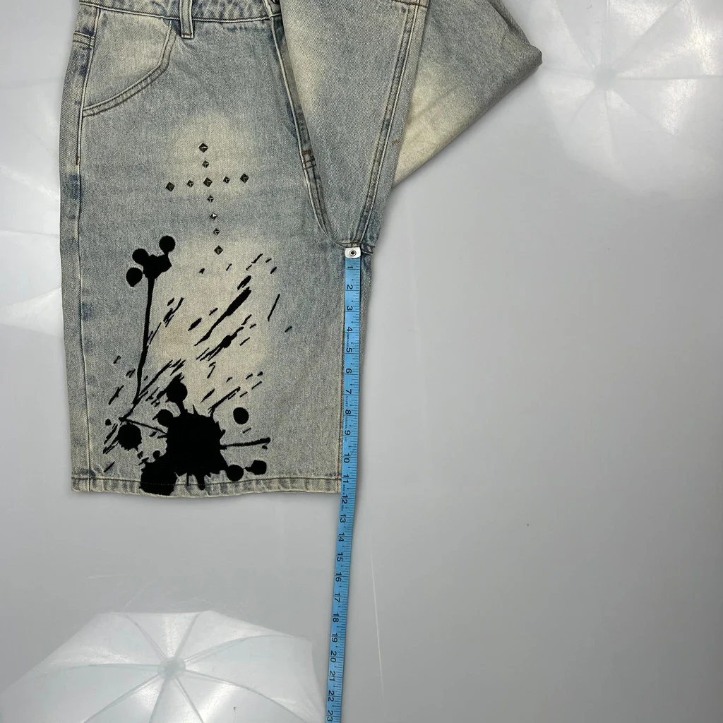 Unbranded Studded Baggy Denim Shorts - 32W 11L Light Wash Denim - Image 5