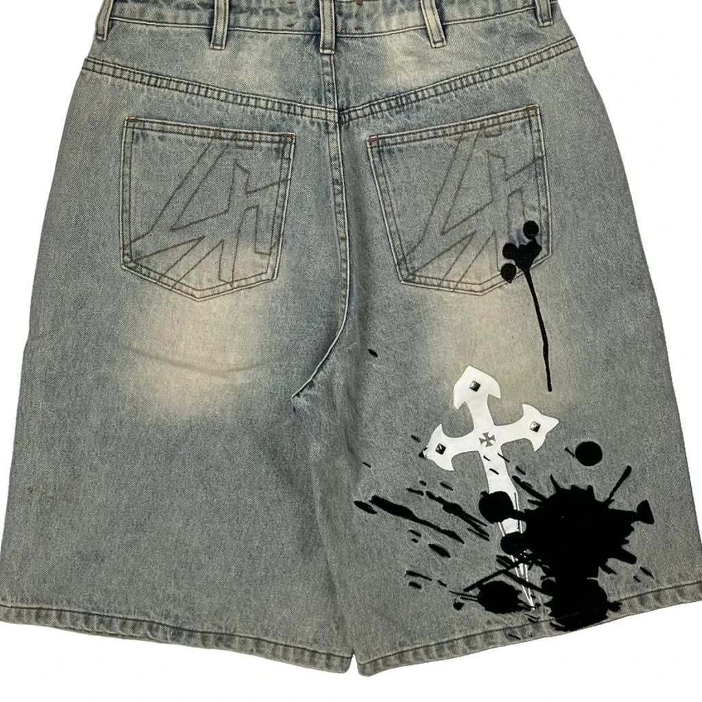Unbranded Studded Baggy Denim Shorts - 32W 11L Light Wash Denim - Image 8