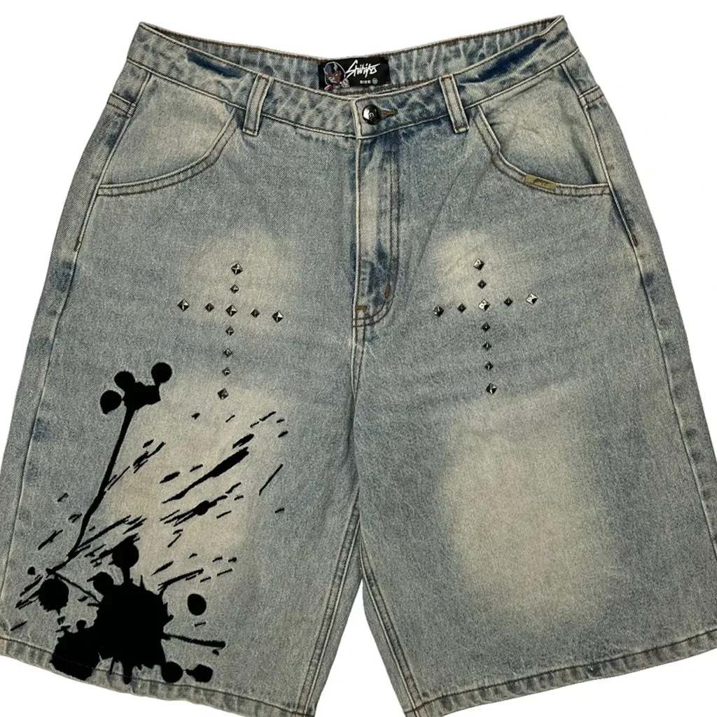 Unbranded Studded Baggy Denim Shorts - 32W 11L Light Wash Denim - Image 9