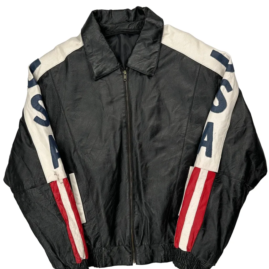 USA Flag Unbranded Graphic Leather Jacket - Large Black Leather - Image 4