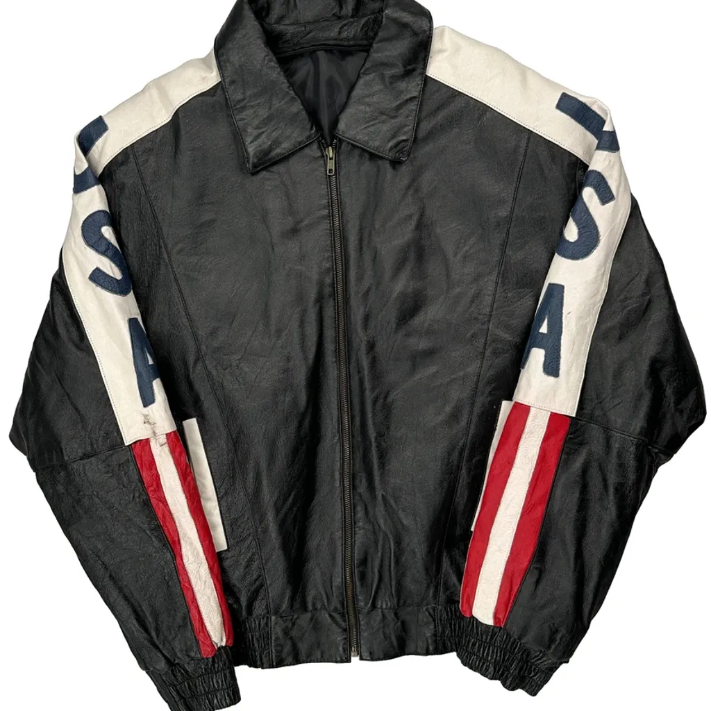USA Flag Unbranded Graphic Leather Jacket - Large Black Leather - Image 5