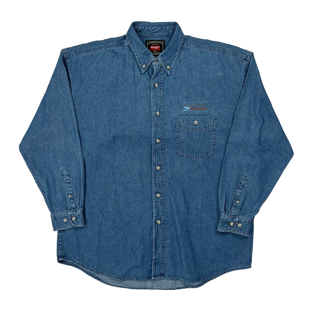 USps Logo Wrangler Denim Shirt - Large Blue Cotton