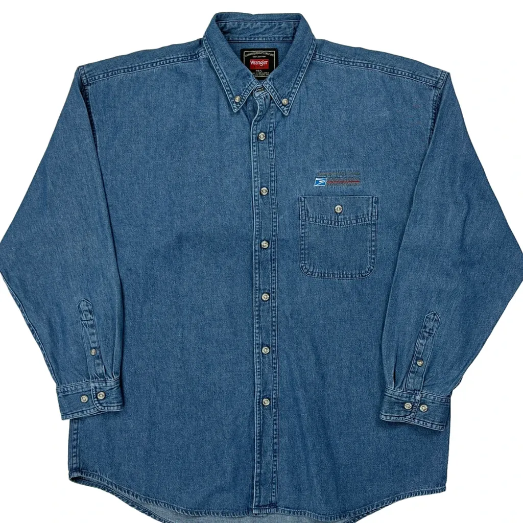 USps Logo Wrangler Denim Shirt - Large Blue Cotton - Image 5