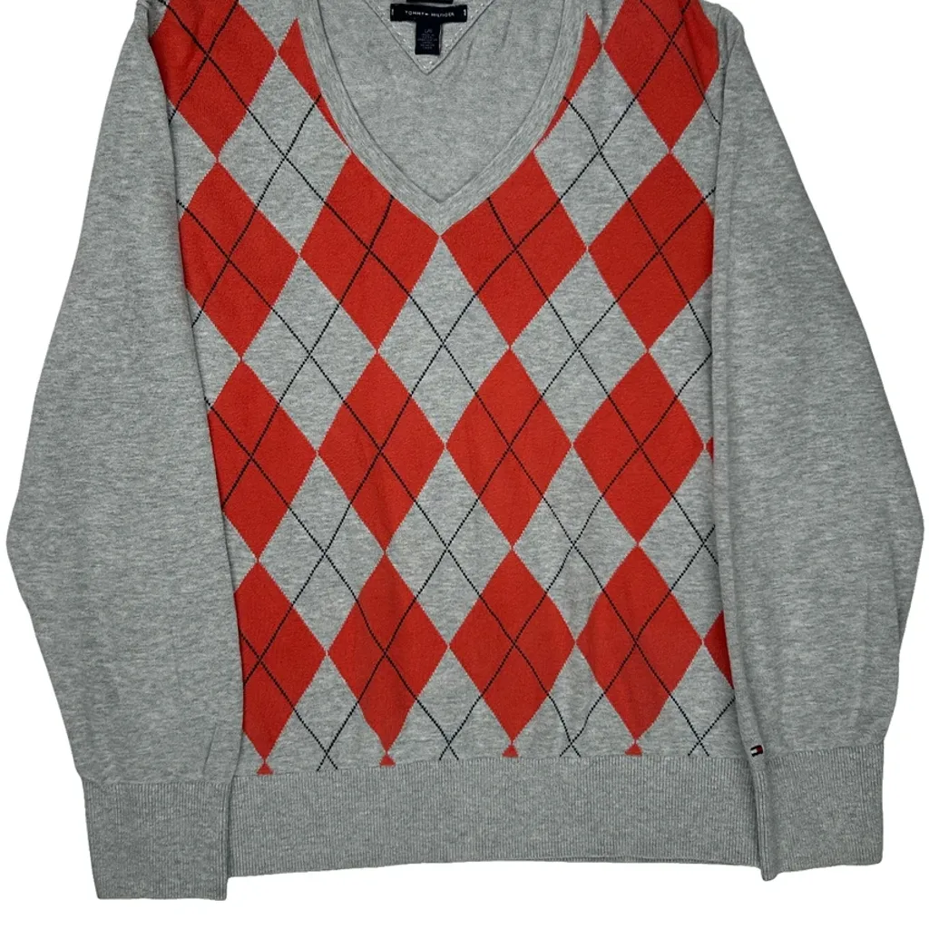 V-Neck Tommy Hilfiger Argyle Sweater - Large Gray Cotton - Image 5