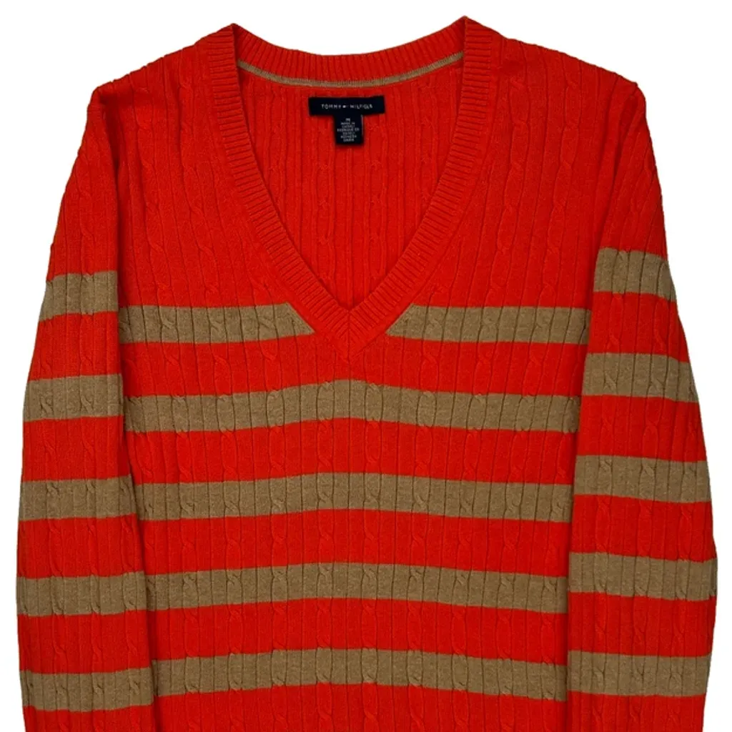 V-Neck Tommy Hilfiger Striped Sweater - Medium Red Cotton - Image 5