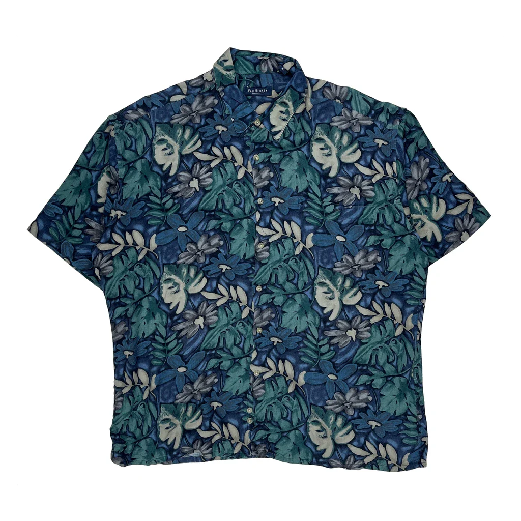 Van Heusen Floral Hawaiian Shirt - XL Blue Viscose