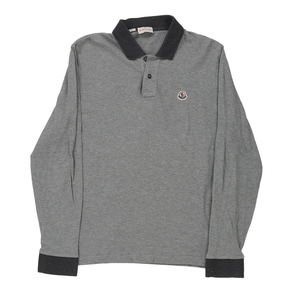 Moncler Slim Fit Long Sleeve Polo Shirt - Large Grey Cotton