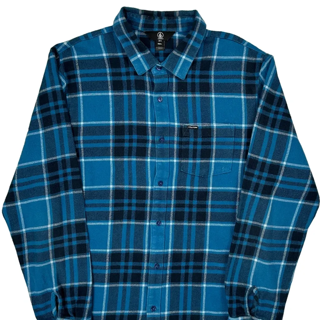 Volcom Checked Flannel Shirt - Large Blue Cotton - Image 4