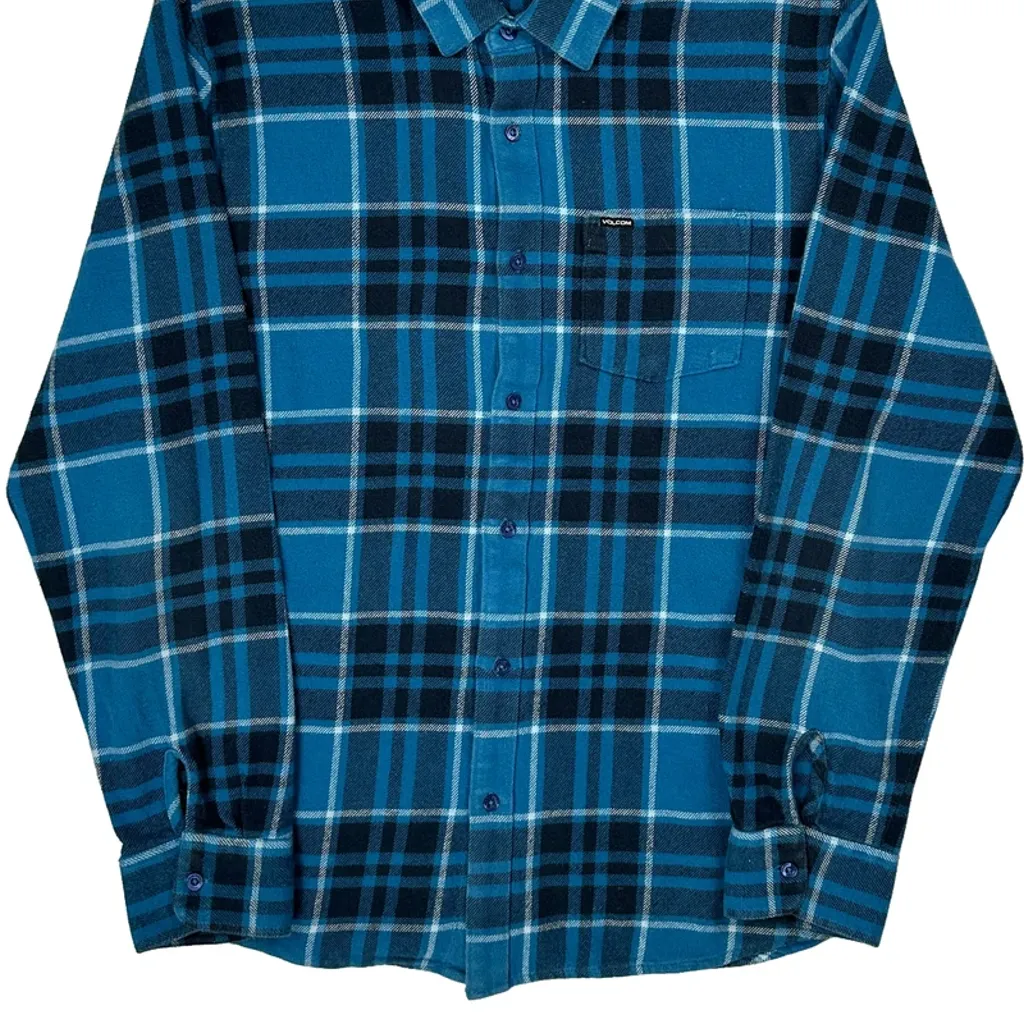 Volcom Checked Flannel Shirt - Large Blue Cotton - Image 5