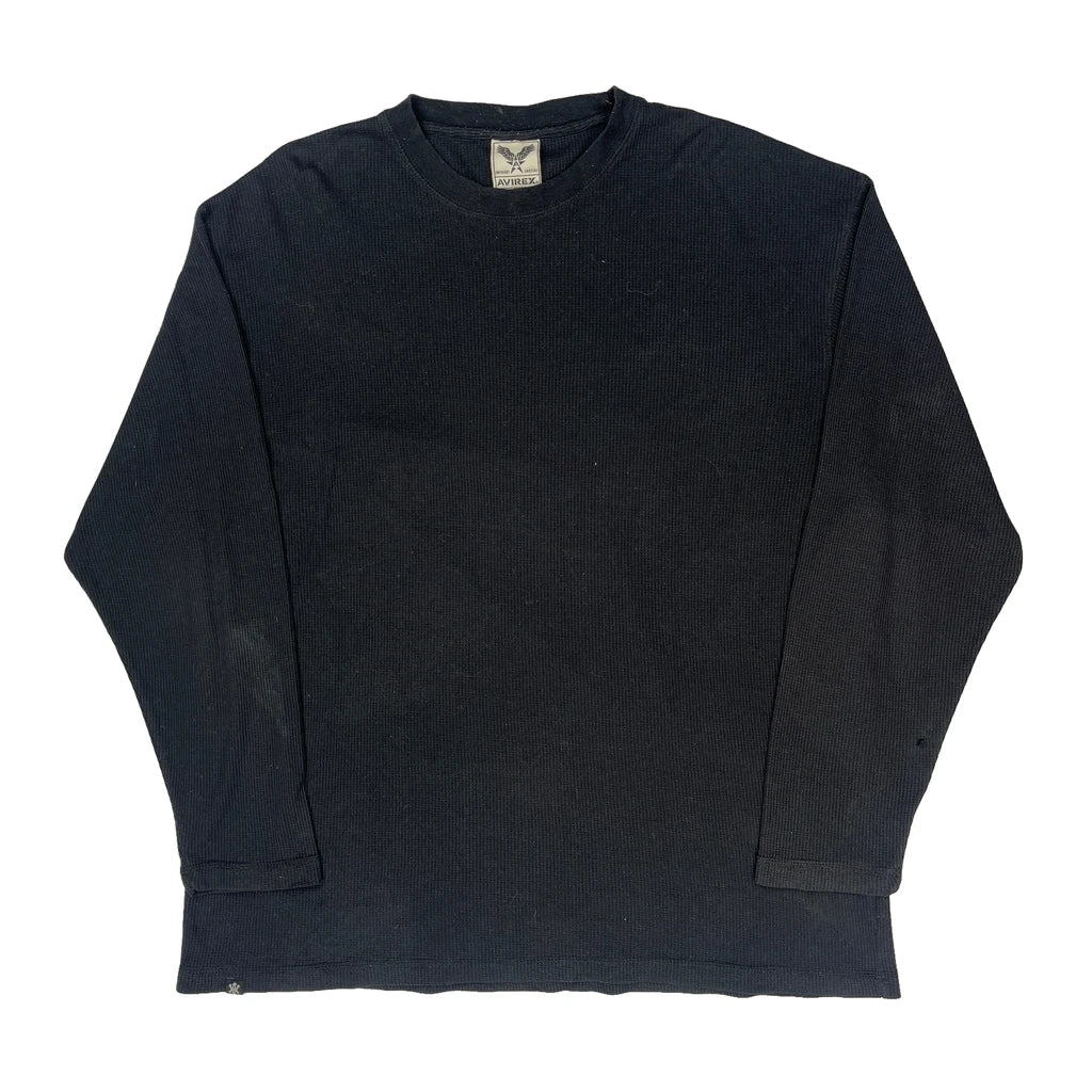 Waffle Knit Avirex Long Sleeve T-Shirt - 2XL Black Cotton Blend